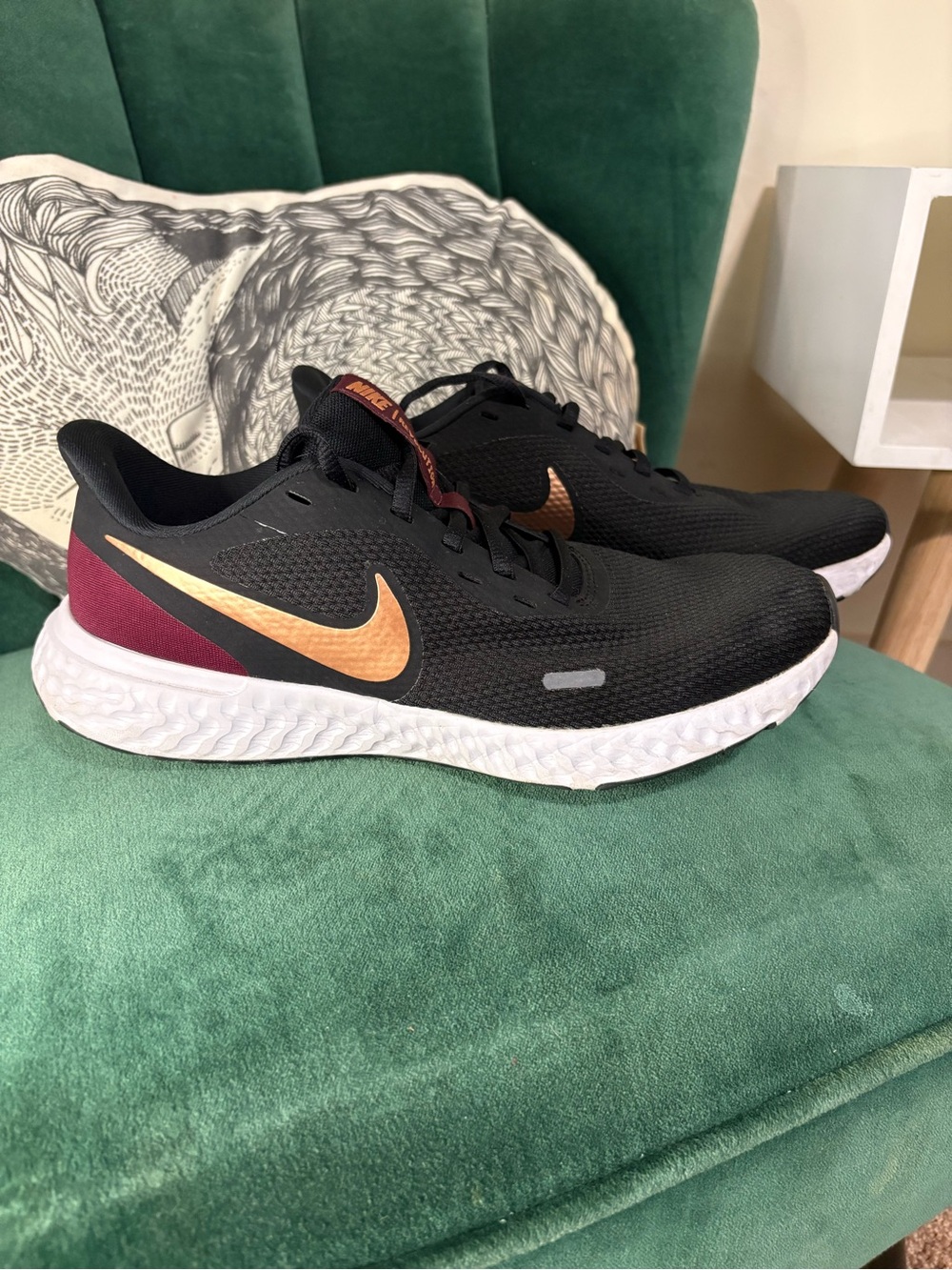 Nike Women’s Running Shoes — Black with Copper Swoosh and Maroon Heel